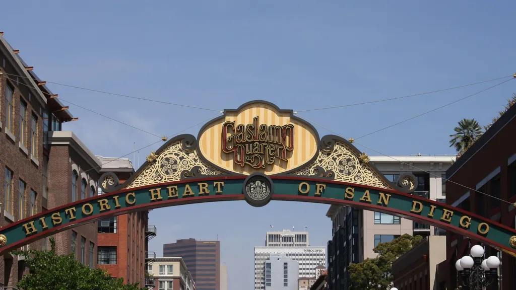 The Gaslamp Quarter sign over Fifth Avenue in San Diego