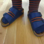 A pair of blue Birkenstock Arizona sandals